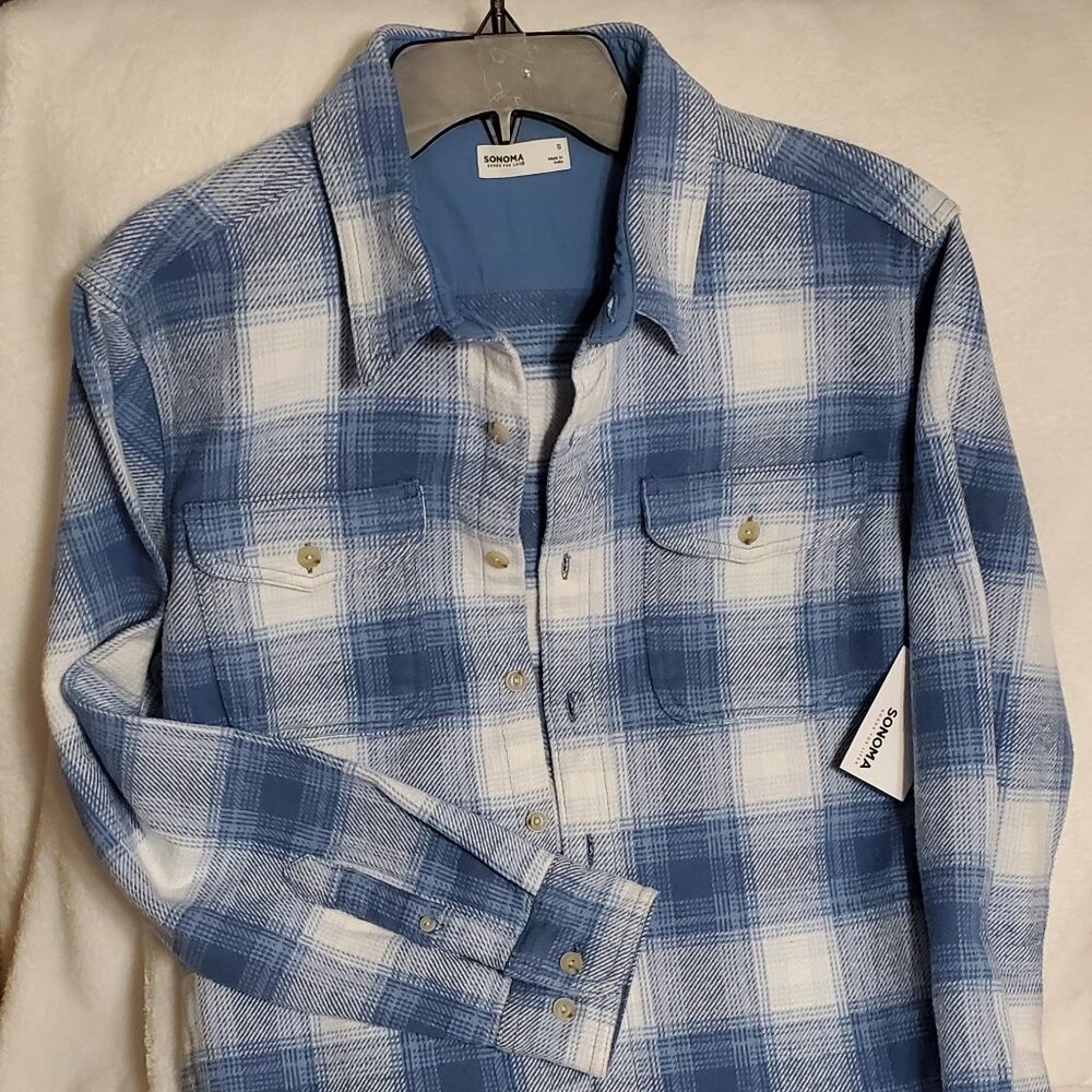 NWT! Sonoma Heavyweight Overshirt Flannel, Color: Lt. Blue Plaid Size: Men's S